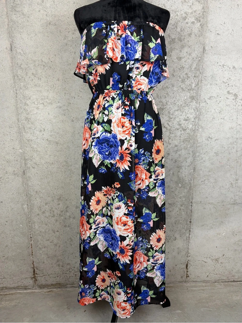 Forever 21 Floral Ruffle Strapless Maxi Dress Long Boho Vacation Fall Sz L EUC